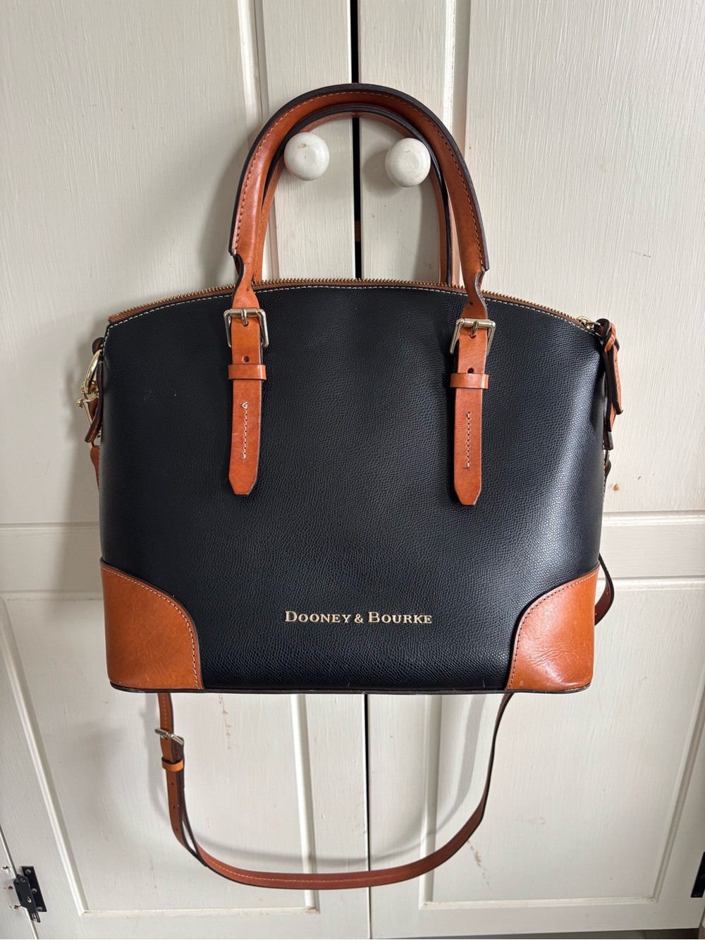 Dooney & Bourke Black and Tan Leather Trim Structured Messenger Bag